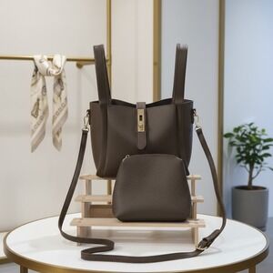 Dark Brown Faux Leather Bucket Tote Bag with Inner Pouch Crossbody Handbag Set